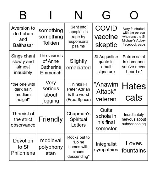 Norbertine Bingo Card