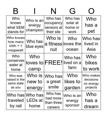 Energy Connections Bingo Card