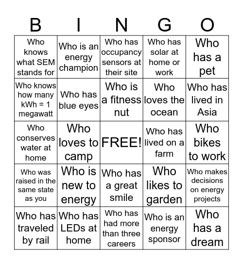 Energy Connections Bingo Card