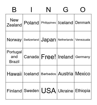 Around the World Bingo Card