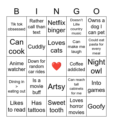 Tinder match bingo Card