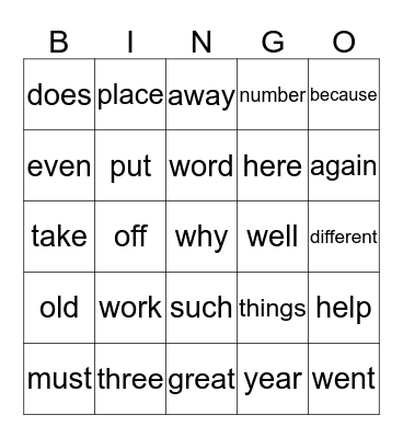 Grade 2, Level 2 Sight Word Bingo Card