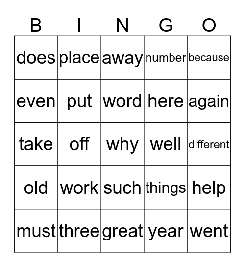 Grade 2, Level 2 Sight Word Bingo Card