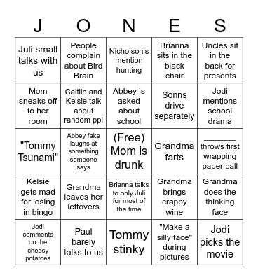 Jones Family Christmas 2021 Bingo Card