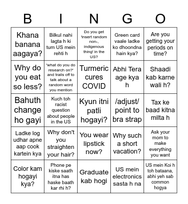 Foreign return desi girl Bingo Card