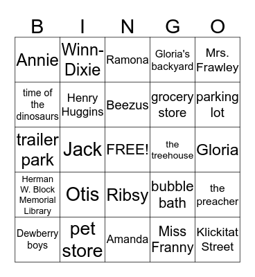 Characters and Settings Bingo Card