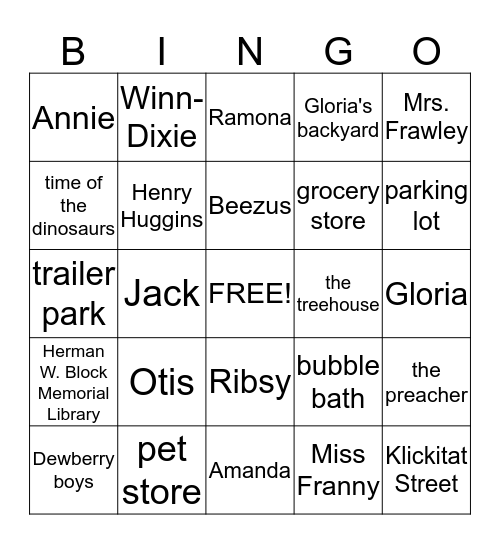 Characters and Settings Bingo Card