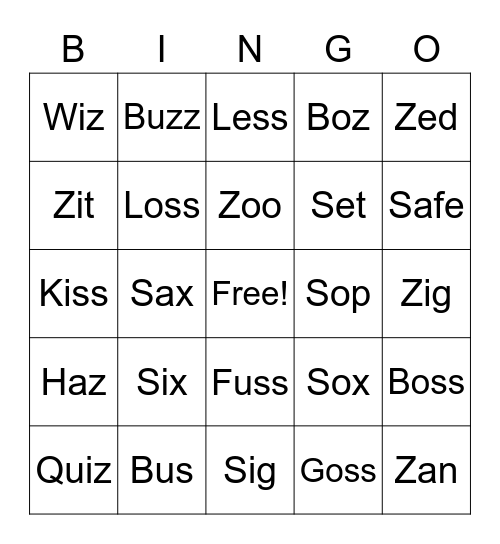 S & Z Bingo Card