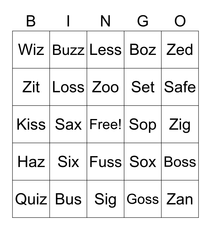 S & Z Bingo Card