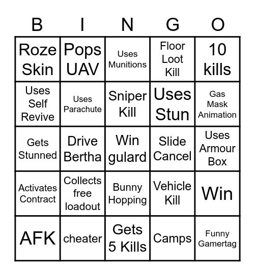 Solo Warzone Bingo Card