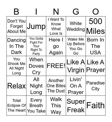 80's Classics Bingo Card