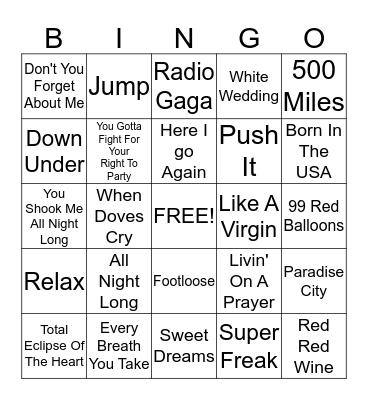 80's Classics Bingo Card