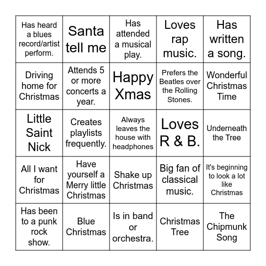 Christmas Music BINGO Card