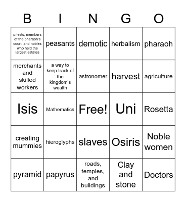 Section 4, Ancient Egyptian Culture Bingo Card