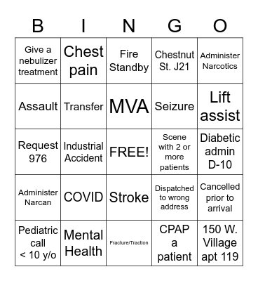 Evening EMS BINGO Card