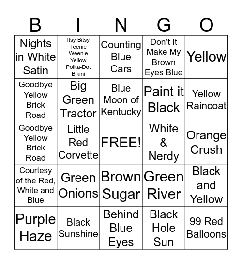COLOR Palette Bingo Card