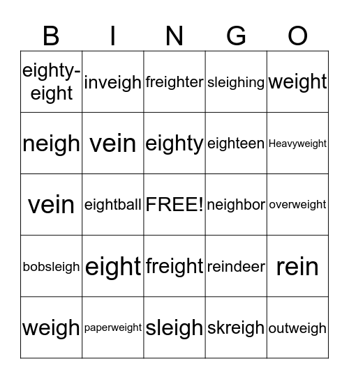 eigh/ei (long a) Bingo Card