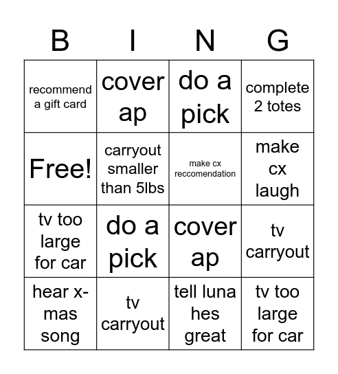 Warehouse Christmas eve Bingo Card