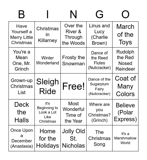 Christmas Carols Bingo Card