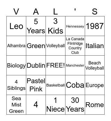 Valerie's Bridal Shower Bingo Card