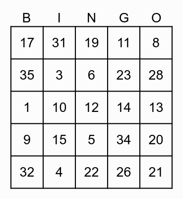 XJC Family Bingo Card