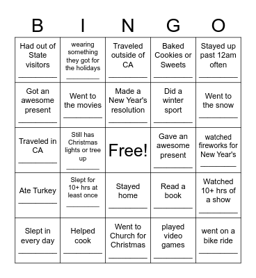 Christmas Break Bingo Card