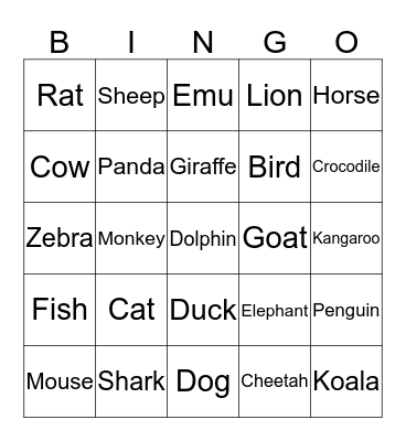 Animal Bingo Card