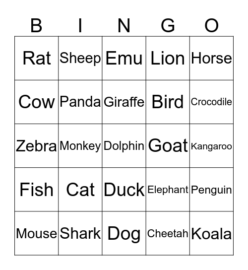 Animal Bingo Card