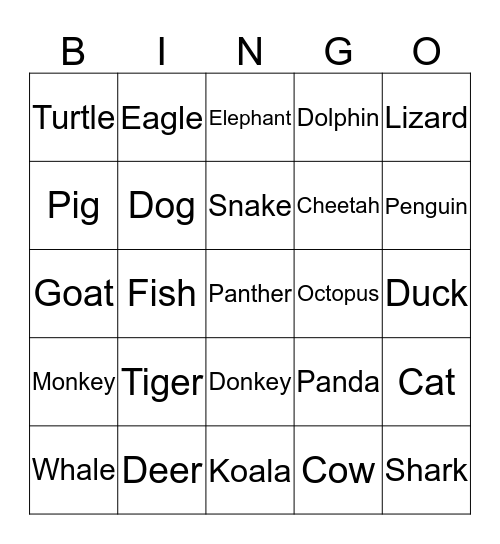 Animal Bingo Card