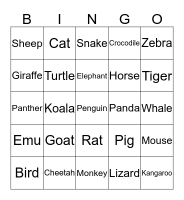 Animal Bingo Card