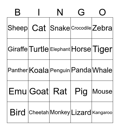 Animal Bingo Card