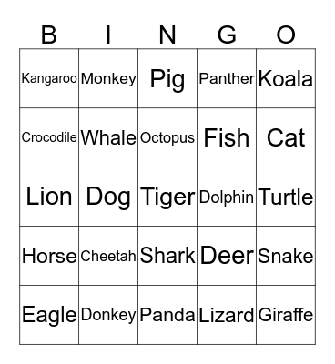 Animal Bingo Card