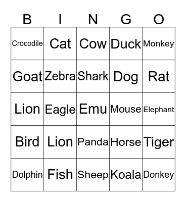Animal Bingo Card