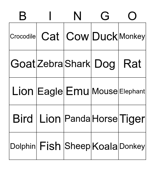 Animal Bingo Card