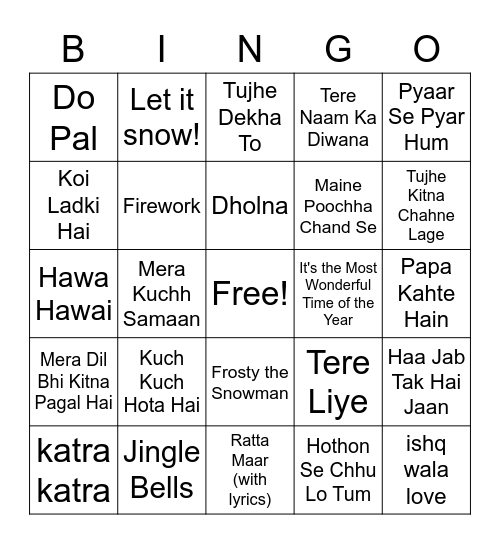 Christmas/Bollywood Bingo Card