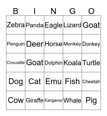 Animal Bingo Card