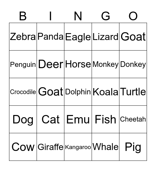 Animal Bingo Card