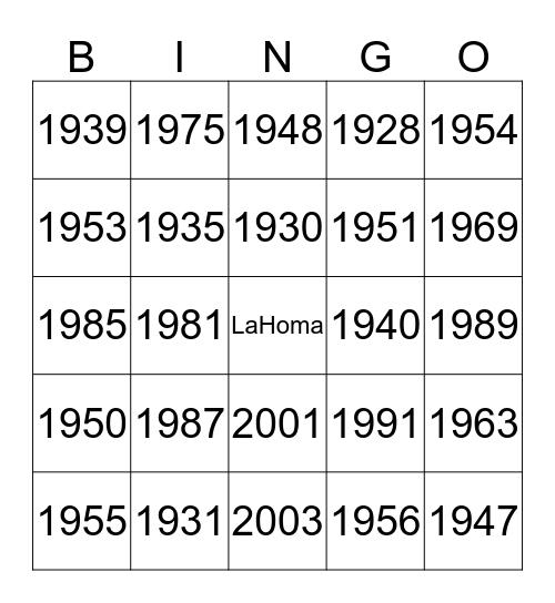 LaHoma's 90 Years Bingo Card