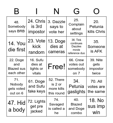 Among Us Bingo Card