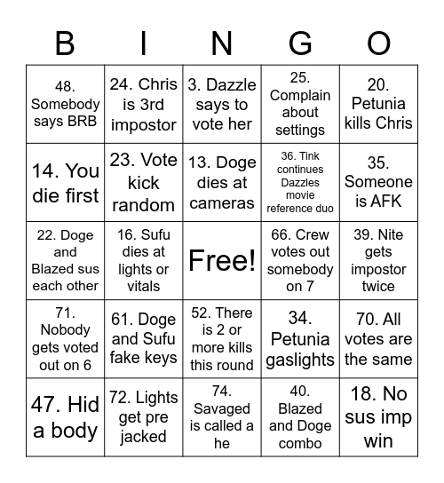 Among Us Bingo Card