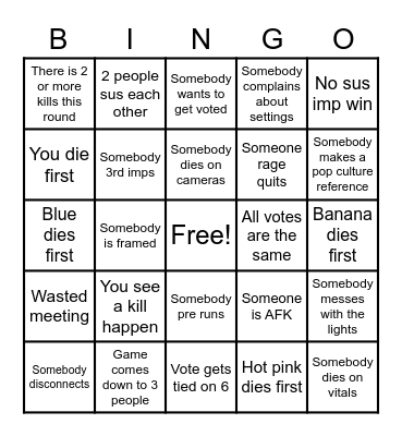 Among Us Bingo Card