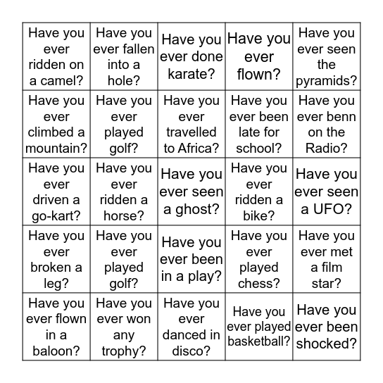 Have You Ever? Bingo Card