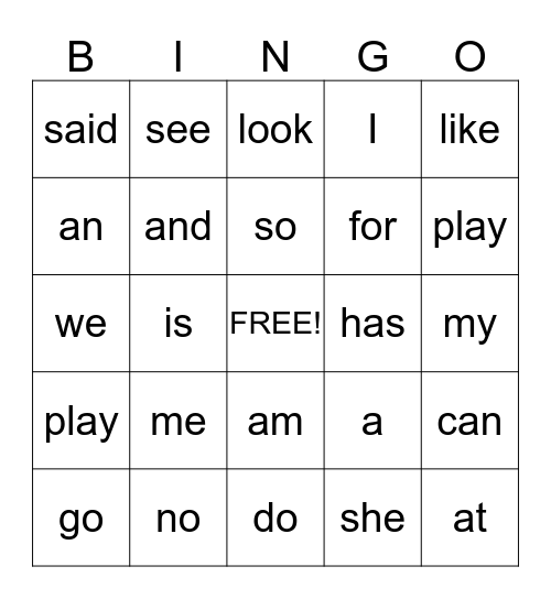 Sight Words Bingo Card