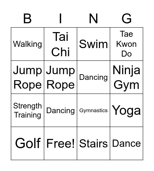 Exercise Bingo Card