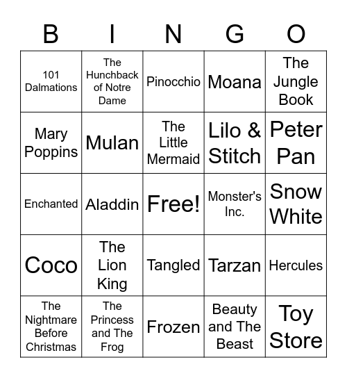 DISNEY MOVIES Bingo Card