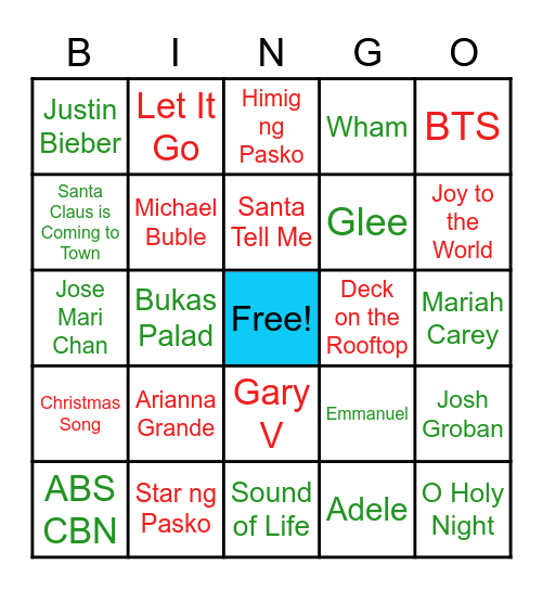 Christmas Song and Artist Bingo Card
