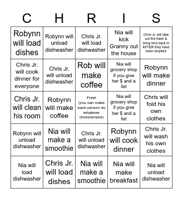 SPREADING THE Household Chores LOVE Bingo Card