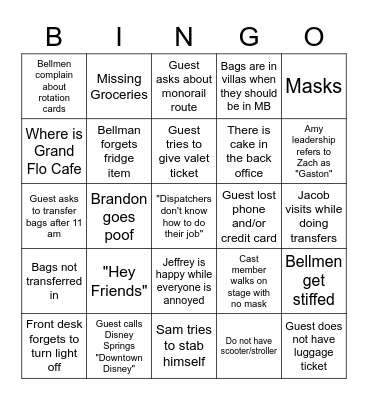 Grand Floridian Bingo Card