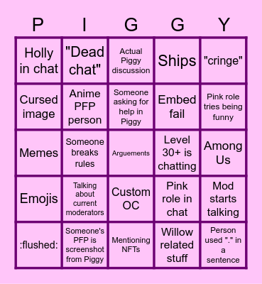 Piggy Discord Server Bingo Card