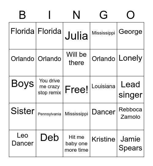 Kristine. Britney Jean Mell.  Spears Bingo Card